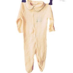 Vintage Lullaby Land yellow waffle knit snap front newborn one piece.
